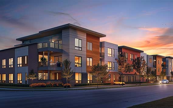 Modern residential apartment complex at sunset – GHL Developers