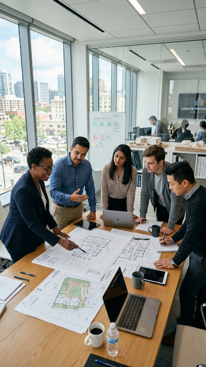 employes real estate Real estate professionals reviewing property development plans with architectural models – GHL Developers